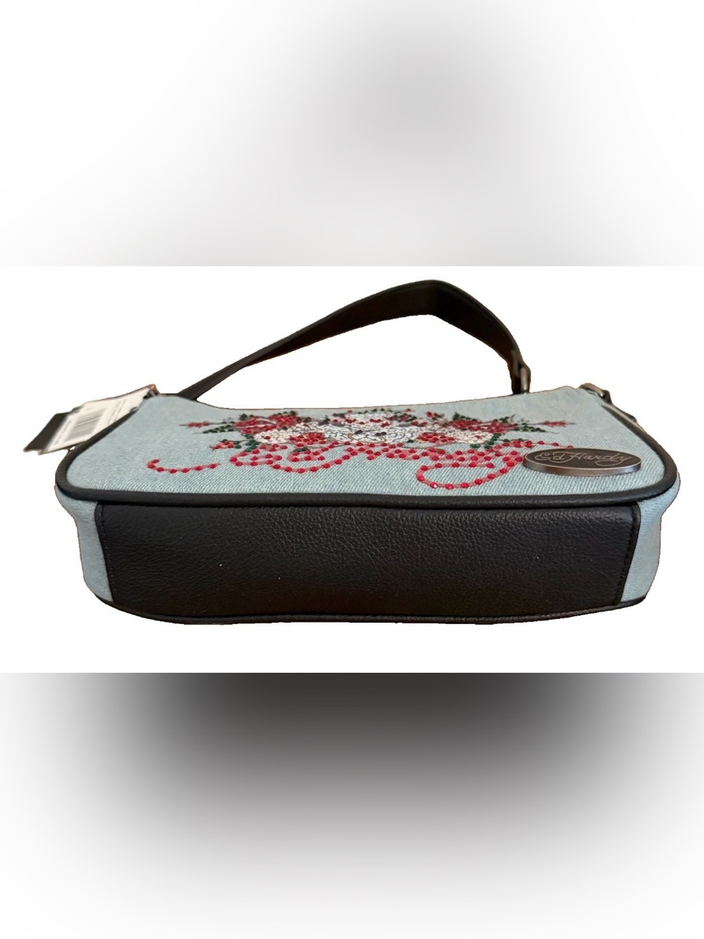 Ed Hardy Denim Baguette Mini Shoulder Bag with Red Floral Skull Embellishment - Picture 8 of 11
